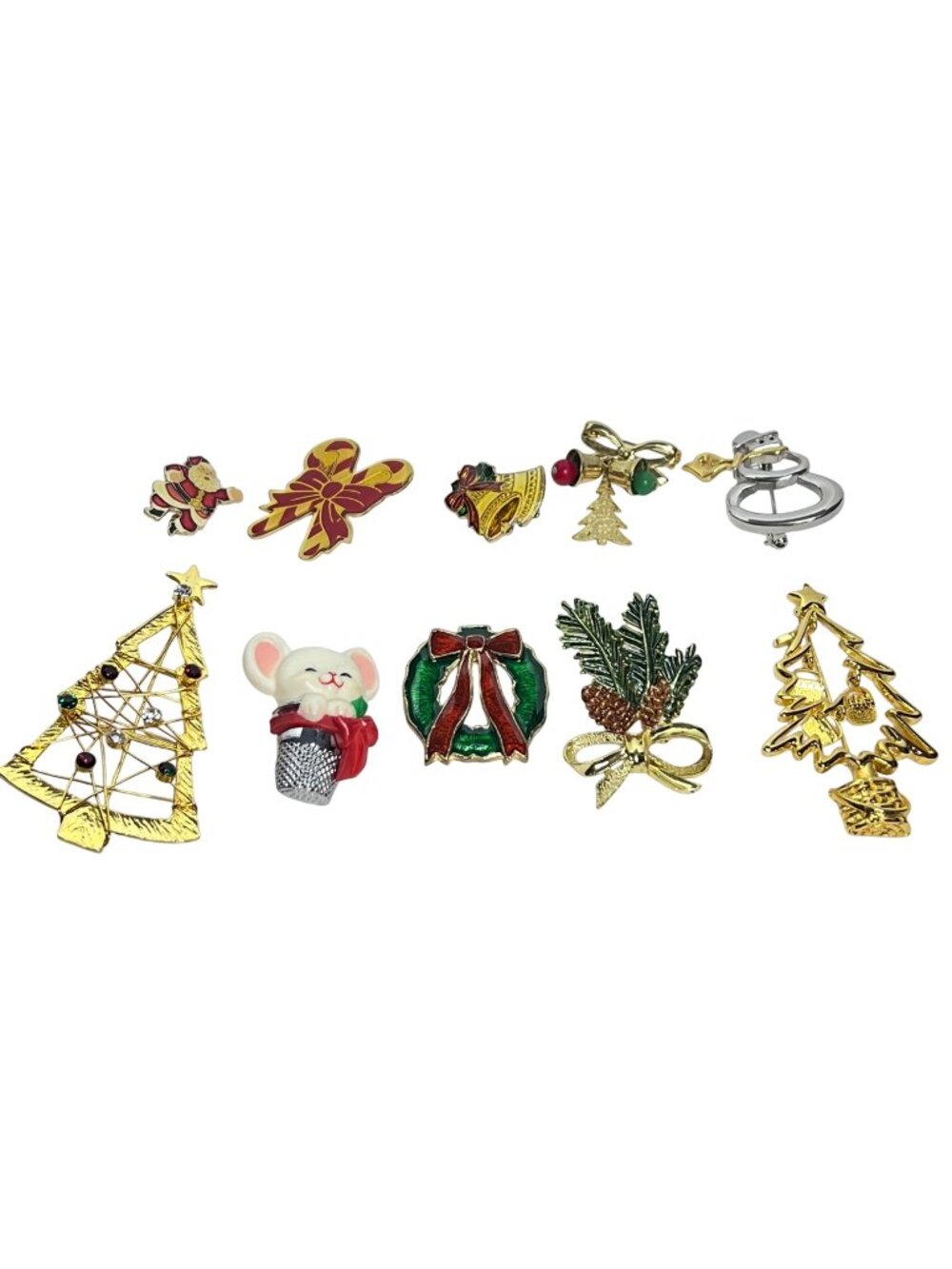 Lot of 10  Gold Tone/Silver Tone Christmas Brooches (6501)